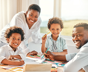Image showing Elearning portrait, children and education with mother and father help of black family in a home. Student boys, tablet learning and online school development app with happiness and smile in a house