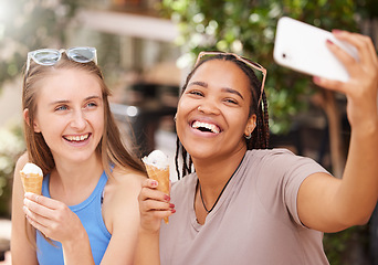 Image showing Friends, icecream and laugh in selfie outdoor with travel, happy with dessert and spending time together on vacation. Social media post, funny with picture and young female eating gelato in Italy