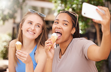 Image showing Friends eating ice cream, selfie outdoor with travel and happy with dessert and spend time together on vacation. Social media post, smile in picture and young female with gelato in Italy on holiday