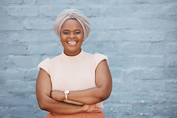 Image showing Portrait, smile and black woman with arms crossed on brick wall background with mockup. Happiness, professional and confident, proud and African person, business or female entrepreneur from Nigeria.