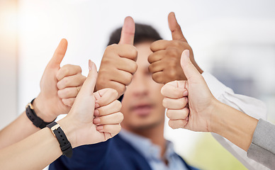 Image showing Business people, hands and thumbs up in teamwork agreement for good job, winning or success at the office. Hand of group employees showing thumb emoji, yes sign or like in team support at workplace