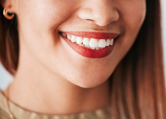 Image showing Woman, smile and closeup of dental wellness, healthcare and dentist of female veneers. Happy, cosmetics and young person with teeth whitening, lipstick and healthy clean mouth with dentistry