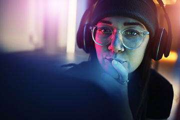 Image showing Thinking face, Information technology or woman hacker in dark room at night for coding or cybersecurity. Research, pc software or girl hacking online in digital transformation on internet or website