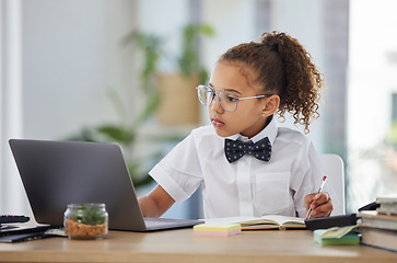 Image showing Business, laptop and child play pretend, writing notes and reading for imagination career, learning or education. Focused professional kid or girl for dream job, game or work on computer and notebook