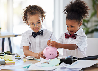 Image showing Saving, investment and girls pretending to be business people and learning about finance with a piggybank. Happy, banking and young children playing pretend as bankers with security of cash together