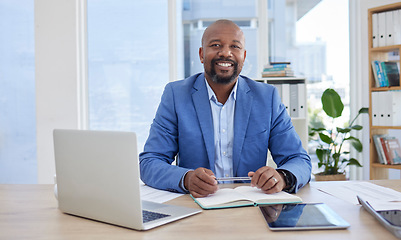 Image showing Black man, portrait and laptop for notebook finance, investment growth or savings budget in financial business office. Smile, happy or mature corporate person with technology or accounting paper