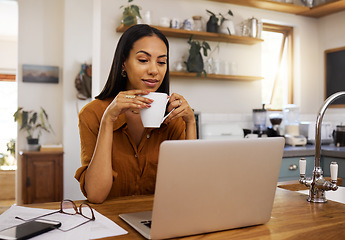 Image showing Woman with coffee, remote work and laptop, reading or review with freelance employee drinking hot beverage and content. Working from home, female freelancer and technology with email and connectivity