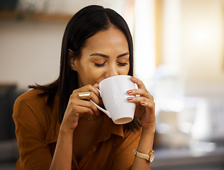 Image showing Happy, coffee and woman at home in a kitchen with a hot drink feeling relax and calm in the morning. Happiness, zen and young female drinking in a house holding a mug in a household with mockup