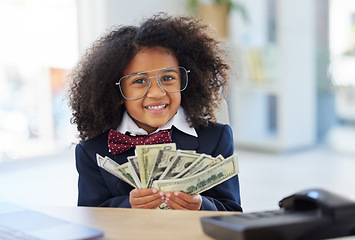 Image showing Business, girl child in office and cash, smile and glasses, education in money management or budget planning. Portrait of corporate kid in suit, accounting and investing in future finance with kids.