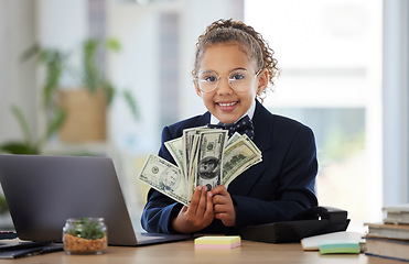 Image showing Business, portrait of girl child and cash, smile and glasses, education in money management or budget planning. Happy corporate kid in suit, saving and investing in future finance with kids in office