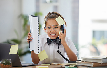 Image showing Telephone, stress and child boss in the office with sticky notes and anxious, annoyed and upset face. Frustration, landline and girl kid ceo on a phone call by the desk working in a modern workplace.