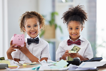 Image showing Portrait of children in business with cash, piggy bank and smile, education in money management or budget planning. Portrait of girls, saving and investing in future finance with happy corporate kids