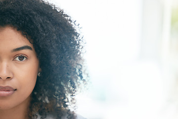 Image showing Half, portrait and serious black woman with mockup in office, ambitious and empowered on bright background. Face, mindset and female leader with vision, ambition and confidence, assertive and content