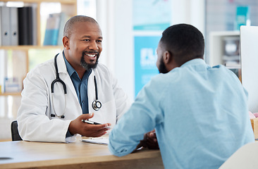 Image showing Happy, talking and doctor with a black man for healthcare, support and advice on treatment. Smile, consulting and an African gp with a patient speaking about medicine, health and professional help