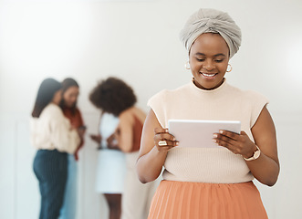 Image showing Tablet, business woman and reading online with a smile for communication, internet and network. Happy black female entrepreneur working on touch screen for social media, leadership report or search