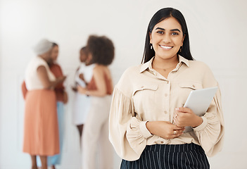 Image showing Business woman, tablet and smile portrait for communication, internet and network connection. Happy female entrepreneur working on mobile device for social media, leadership report or search