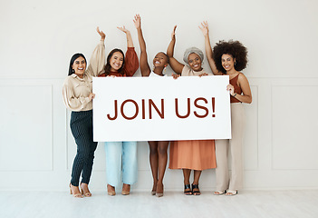 Image showing Women, join us and recruitment poster with billboard, mockup or advertising on board for diversity. Female business team or candidate hands happy or excited with hiring opportunity banner or sign