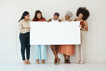Image showing Women, diversity and poster with space for billboard, mockup or advertising on board. Strong and happy entrepreneur female group or team with banner, paper or blank sign for announcement or voice