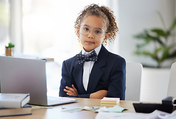 Image showing Girl child, arms crossed and portrait in office with annoyed face for game, playing and learning. Kid, boss and games in workplace with serious expression, glasses and focus for goals at business