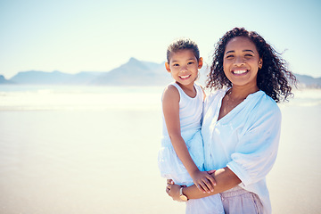 Image showing Beach, portrait of mother and child, smile and happy bonding together on ocean vacation in nature. Blue sky, fun and happiness for hispanic woman and daughter on summer holiday adventure in Mexico.