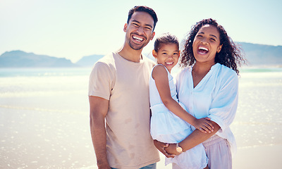 Image showing Beach, happy family and portrait of parents with kid, smile and bonding together on ocean vacation. Sun, fun and happiness for hispanic man, woman and girl child on summer holiday adventure in Mexico