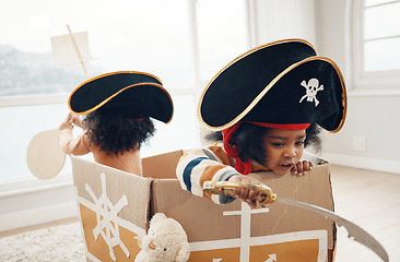 Image showing Playing, box ship and pirate children role play, fantasy imagine or pretend in cardboard container. Creative boat, fun home game or sailing black kids on Halloween cruise adventure with yacht captain