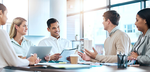 Image showing Business meeting, planning and people teamwork, discussion and workflow agenda in conference room. Professional employees, staff or happy group with documents in seminar, workshop or office company