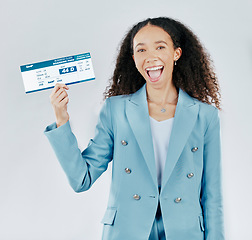 Image showing Business woman, plane ticket and studio portrait for international travel, excited face or white background. Happy entrepreneur, smile or global trip with paper, document or win contest for vacation