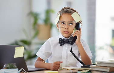 Image showing Annoyed, business and telephone with child in office for stress, overworked and communication. Project, angry and burnout with young girl in corporate company for frustrated, busy and pressure