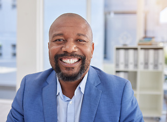 Image showing Happy black man, mature or portrait in corporate office, company about us or profile picture of CEO boss. Employee smile, management or person face in financial business or success mindset