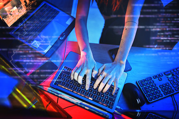 Image showing Coding at night, hacker woman hands and computer for cybersecurity, programming and big data overlay. Server hack, dashboard and technology of female working on futuristic, iot and software database