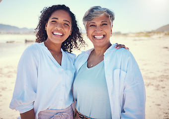 Image showing Family, portrait and mother with adult daughter hug, happy and bond at beach together, smile and relax. Happy, parent and girl embrace, travel and excited for ocean trip, holiday and freedom in Cuba