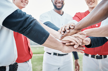 Image showing Baseball, sports motivation or hands in huddle with support, hope or faith on baseball field in game together. Teamwork, happy people or group of excited softball athletes with goals or solidarity