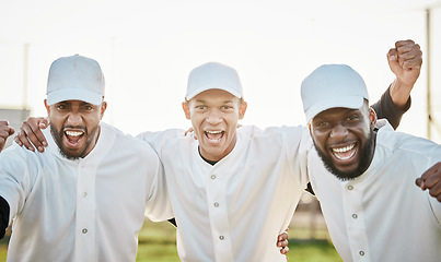 Image showing Men, portrait or winner success on baseball field, games or match victory for diversity fitness, exercise or training achievement. Smile, happy or cheering softball players in excited teamwork sports