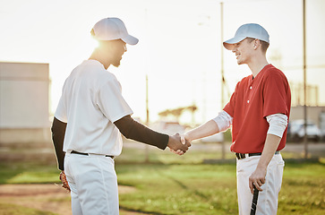 Image showing Men, handshake or baseball player on field, sports or stadium grass in good luck, welcome or thank you. Smile, happy or athletes shaking hands in game, softball fitness or exercise for winner success