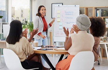 Image showing Business meeting, woman speaker and applause from women employee group from analysis presentation. Whiteboard, happy worker and cheering staff from collaboration and teamwork of working team