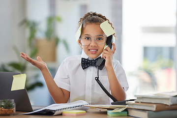 Image showing Portrait, confused and girl as a business person, telephone and stress in workplace. Face, young female child and kid with phone, make believe and overworked with deadline, burnout and schedule