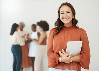 Image showing Business woman, portrait and tablet with a smile for management, internet and network. Asian female entrepreneur with mobile device for social media communication, leadership report or online search