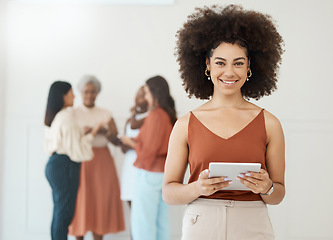 Image showing Tablet, portrait and business woman with a smile for communication, internet and network connection. Black female leader working on mobile touch screen for social media, leadership report or search