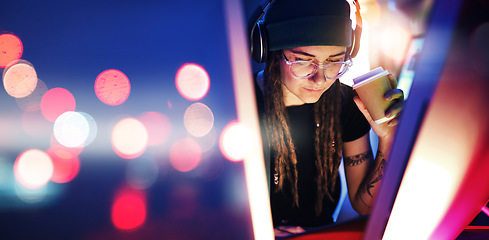 Image showing Night, light or woman hacker in dark room coding, phishing or researching blockchain technology mockup. Bokeh, programmer or girl hacking online in digital cybersecurity on a website drinking coffee