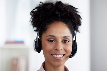 Image showing Smile, customer service and portrait of woman at call center for b2b connection, contact us and crm consulting. Telemarketing, communication and female worker for friendly service, trust and help