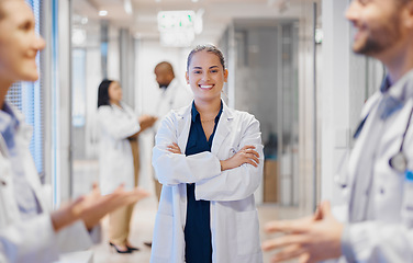 Image showing Proud, happy woman doctor with leadership, staff management and hospital workflow or clinic solution. Healthcare manager with job mindset for medical team or doctors communication in health service