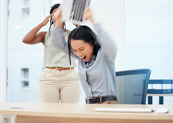 Image showing Angry, keyboard break and telemarketing woman with anger issues and mental health breakdown. Crm, Asian female and crazy frustrated call center worker with burnout and stress from computer glitch