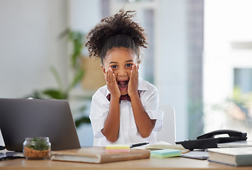 Image showing Surprised, business and portrait of child in office for corporate, playing and comic. Shocked, laptop and professional with young girl screaming at desk for modern, executive and formal in workplace