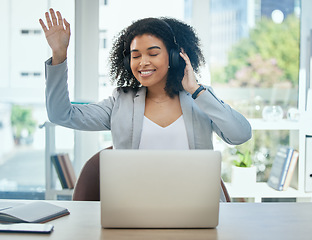 Image showing Happy woman, dancing and music headphones by office laptop for fun, energy or corporate motivation. Smile, dance and worker listening to audio, podcast or radio on business technology or headset app