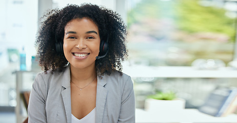 Image showing Happy woman, portrait or headset in call center, customer support or CRM consulting in contact us or telemarketing office. Smile, business or receptionist on headset for communication, help or advice