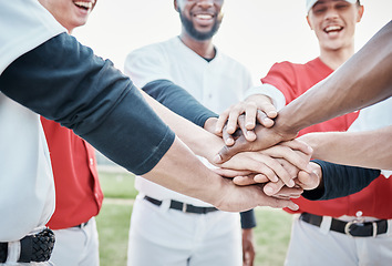 Image showing Hands, baseball motivation or men in huddle with support, hope or faith on baseball field in game together. Men with teamwork, zoom or group of softball athletes planning goals or sports mission