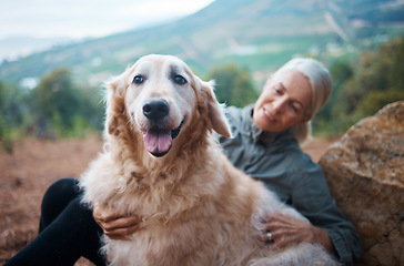 Image showing Elderly woman, hiking with dog in forest and adventure, fitness with travel and pet with love and care. Nature, trekking and vitality, mature female in retirement and golden retriever puppy outdoor