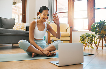 Image showing Yoga, video call or happy woman on laptop online class, video call or webinar in holistic fitness or wellness. Wave, smile or girl in pilates class to start exercise or workout at home on computer