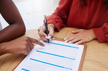 Image showing Hands, clipboard or contract and a business woman writing on a survey with her financial advisor in an office. Documents, questionnaire and agreement with a female employee signing official paperwork